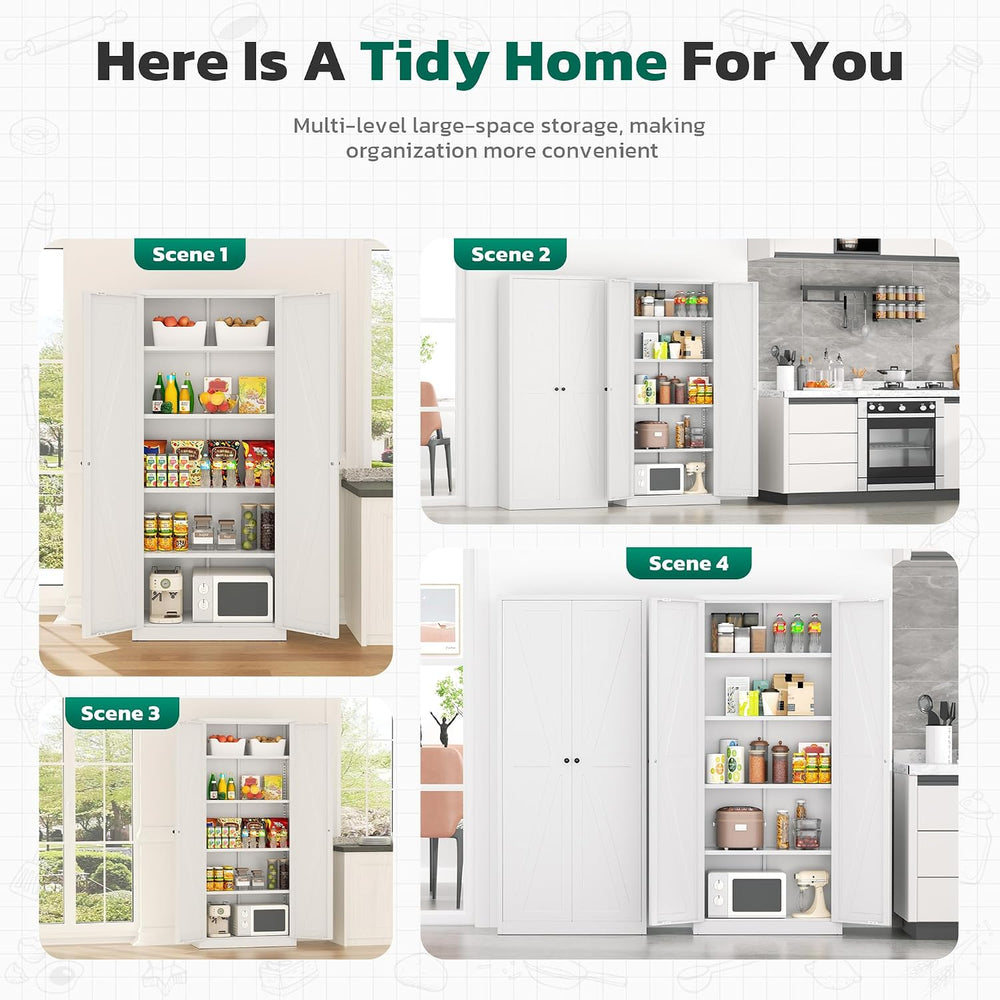 Greenvelly Metal Pantry Cabinet, 63” White Kitchen Pantry Cabinet with Doors ...