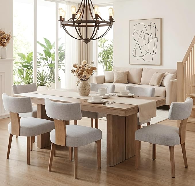 Mid Century Modern Dining Chairs Set of 6, Upholstered Wooden Dining Room Chairs, Farmhouse Kitchen Chairs, Accent Armless Side Chairs with Curved Back for Living Room, Grey Linen, 6PCS