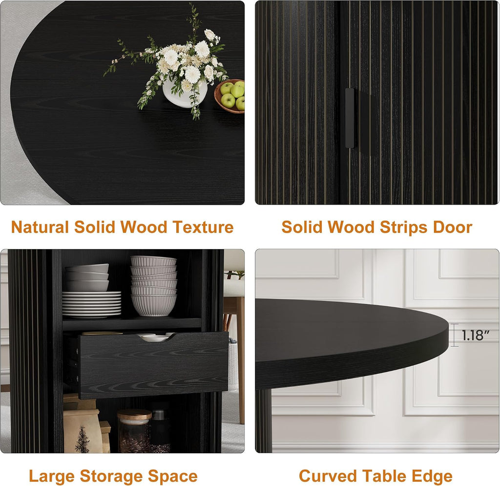 IDEALHOUSE 47" Round Dining Table for 4-6, Modern Farmhouse Kitchen Table | Wooden Accent Furniture with 2-Layer Storage Shelf & Drawer, Circle Dining Tables with Fluted Pedestal Base, Black