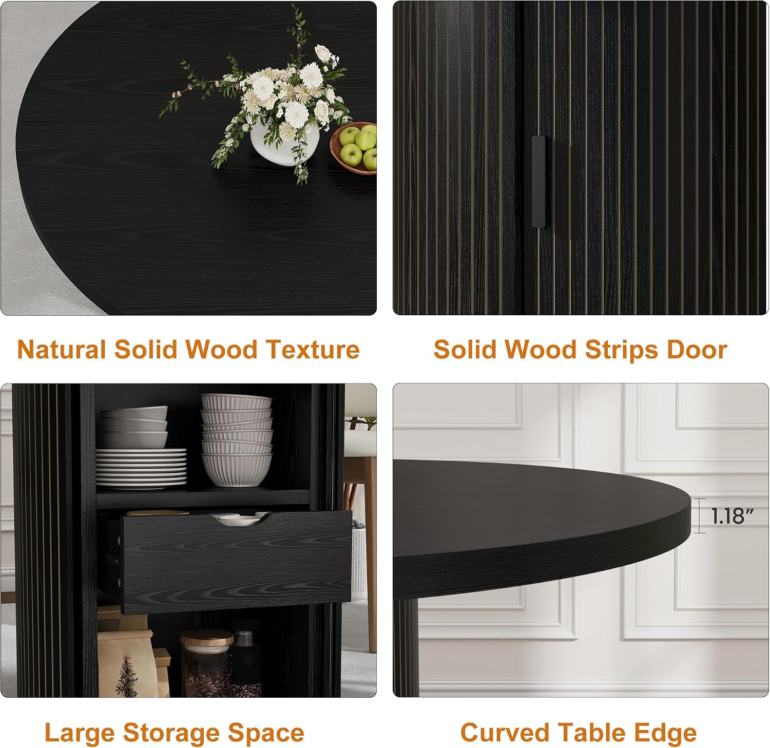 IDEALHOUSE 47" Round Dining Table for 4-6, Modern Farmhouse Kitchen Table | Wooden Accent Furniture with 2-Layer Storage Shelf & Drawer, Circle Dining Tables with Fluted Pedestal Base, Black