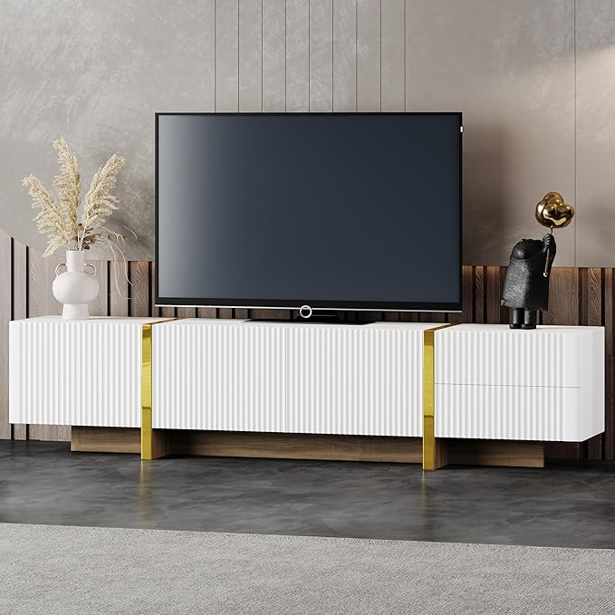 Ball & Cast Luxury Fluted TV Stand with Storage Cabinets for TVs up to 80", Modern Entertainment Center w/2 Drawers & Golden Wood Grain Leg, Media Console for Living Room,Bedroom,White