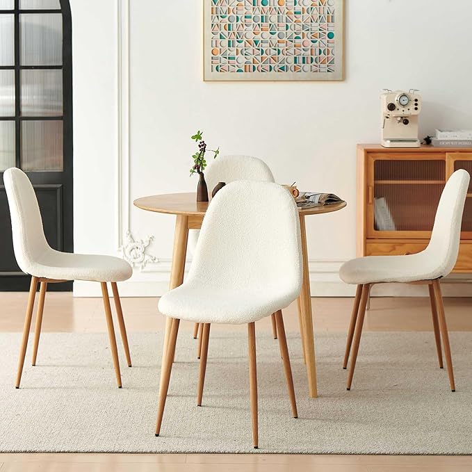 Dining Kitchen Chairs Set of 4, Modern Upholstered Living Room Chairs White Comfortable Teddy Fabric Bedroom Chairs, Space Saving Dining Side Chairs for Apartment, Restaurant