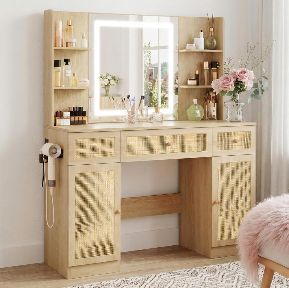 Yechen 43" Boho Makeup Vanity Desk with LED Lighted Mirror & Power S...