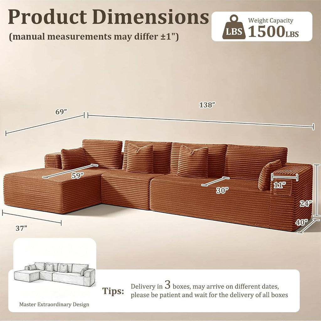 138" Oversized Boneless Couch for Living Room, Modular Sectional Couches L Shaped Cloud Couch with Deep Seat No Assembly Required, (Deep Orange, 3 Seater + Left Facing Chaise)