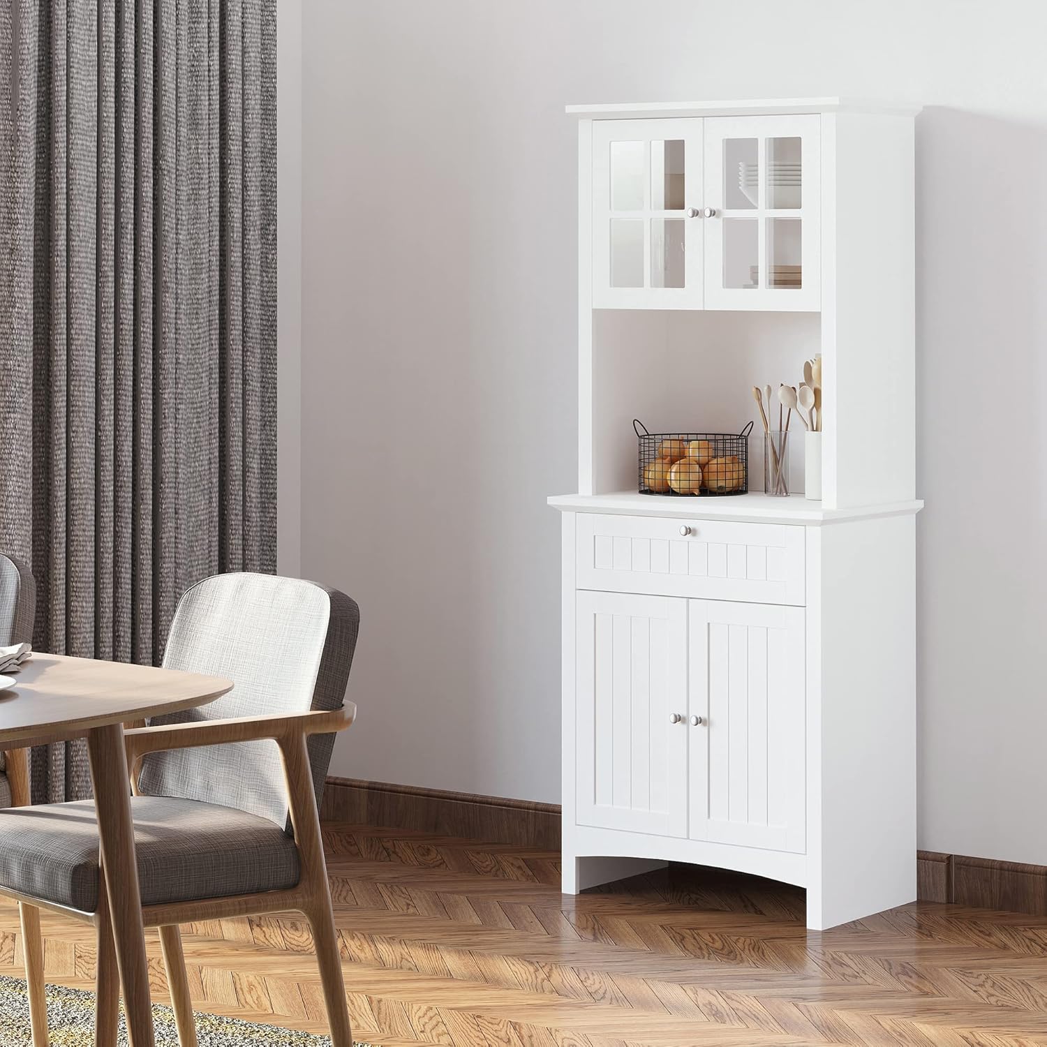 27" D*15.8" W*64.5" H Freestanding Kitchen Pantry with Drawer, 3 Shelves, Top French Door & Lower Double Door, Rectangular Storage Cabinet, Modern, for Living Room, Dining Room, White