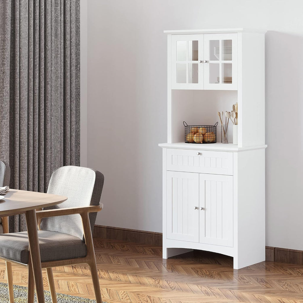 Elegant Buffet with Hutch,Kitchen Pantry Storage Cabinet with Framed Glass Door Drawer and Microwave Space,White
