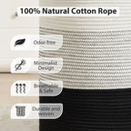 Fiona's magic Cotton Rope Laundry Hamper, Tall Woven Laundry Basket Storage, Baby Nursery Hamper for Blankets, Toys and Clothes Hamper for Bedroom and Living Room Organizing, 72L, Black & White