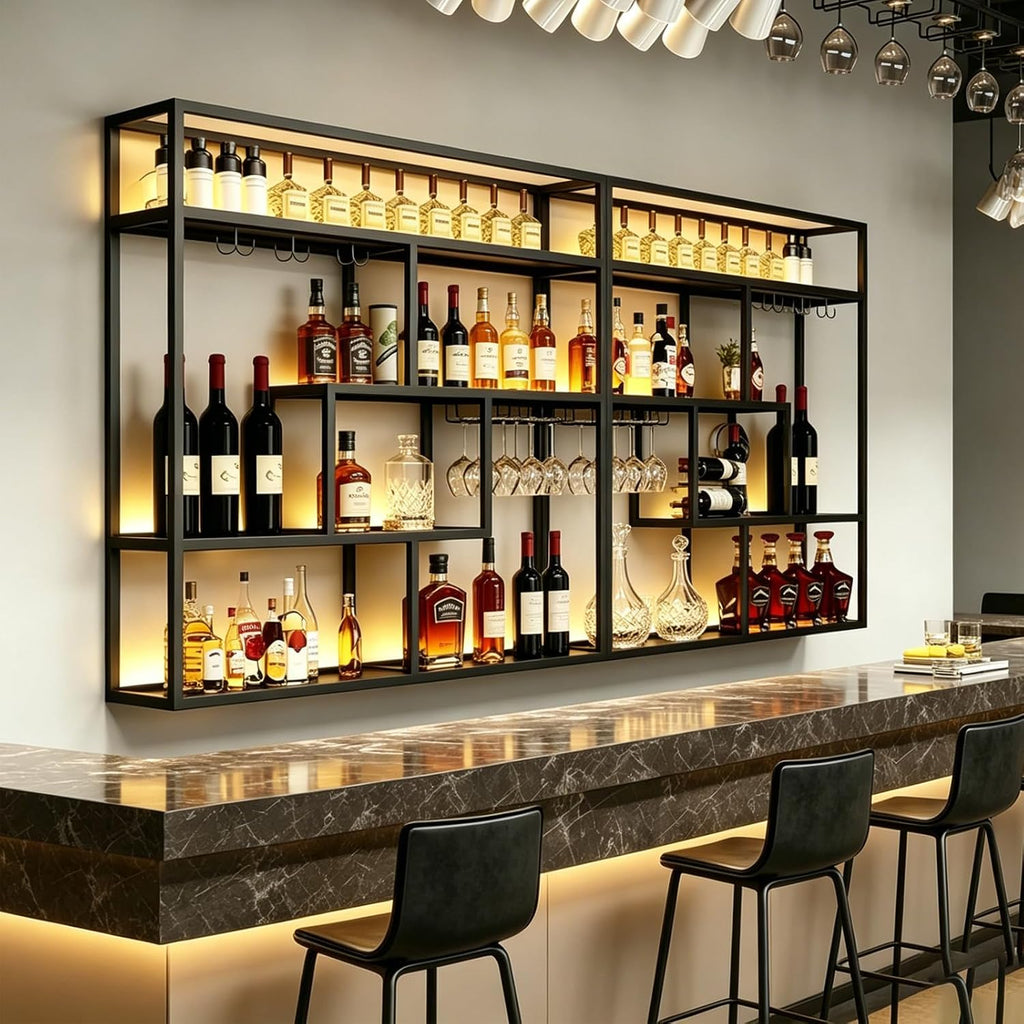 Black Wall Mounted Wine Rack with Hanging Stemware Glass Holder, 4 Tier Liquor Bottle Display Shelf, Floating Bar Storage Organizer for Home, Kitchen, Restaurant, Liquor Cabinet Decor (Black, 95in)