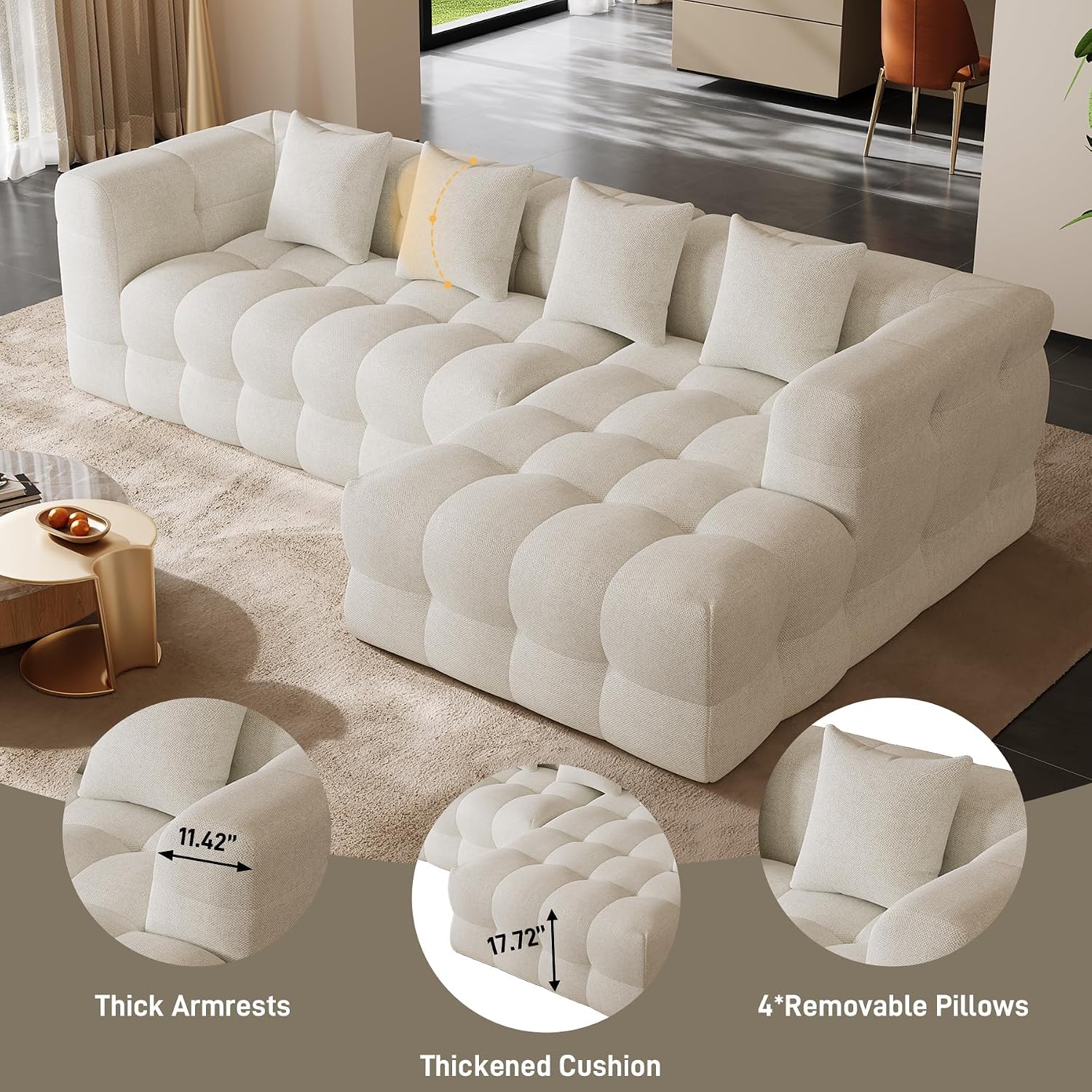 120" Oversized Modular Sectional Couch,Cloud Sectional Sofa with Deep Seat, Modern Modular Couch with 4 Throw Pillows,L-Shaped Chenille Sofa Couches with Right Facing Chaise for Living Room, Beige