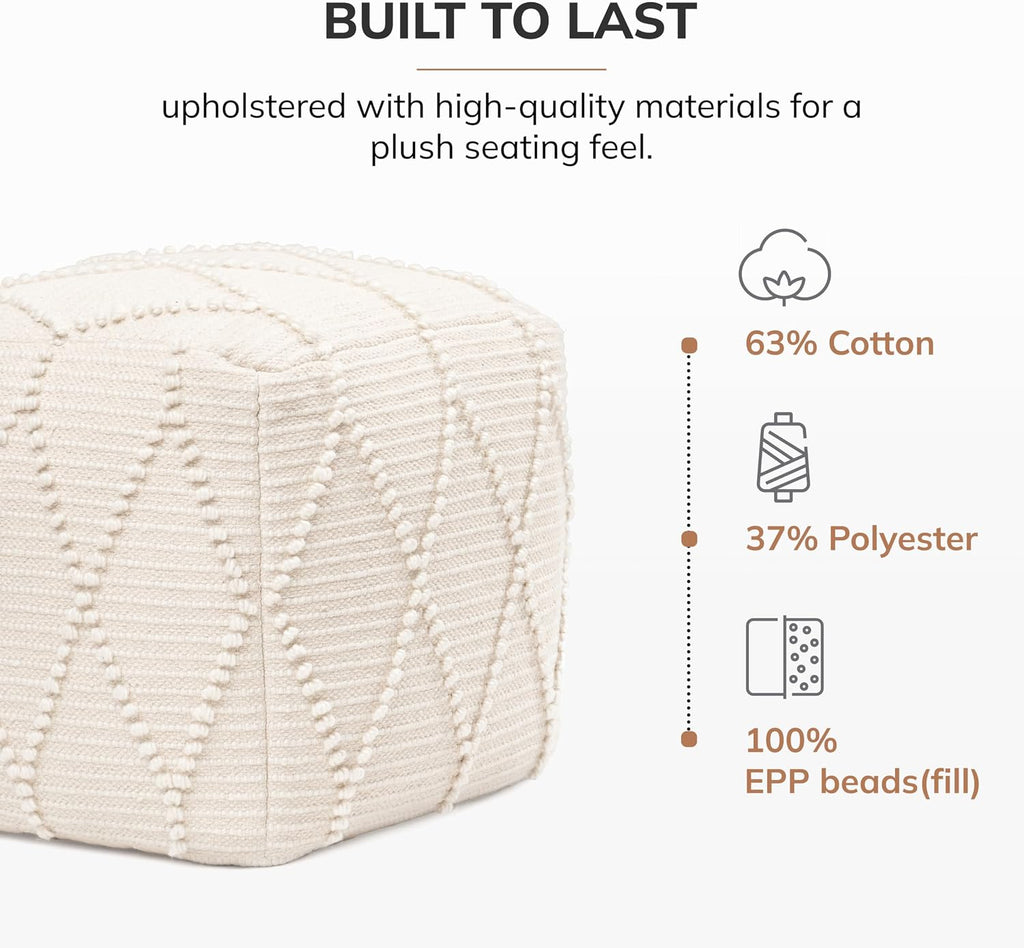 Anji Mountain Pouf Ottoman Foot Rest, Handmade Ottoman Pouf, Comfortable Foot Stool, Decorative Floor Seating for Living Room Decor, Bedroom & Home Décor Accent - Ivory