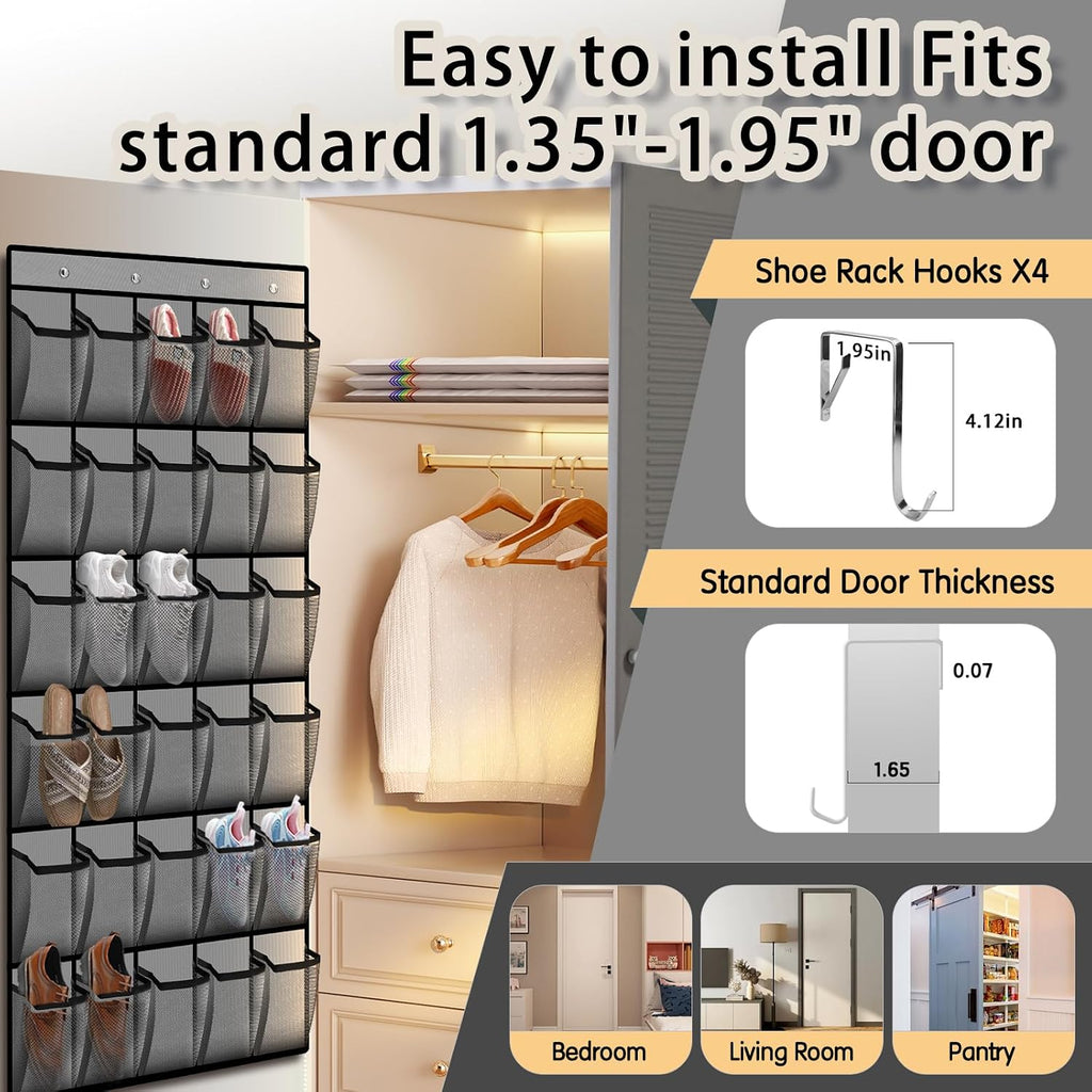 Kotkn Over the Door Shoe Organizer with 30 Breathable Mesh Pockets - Large Capacity Closet Storage for Men & Women, Hanging Shoe Rack Organizer (Gray)
