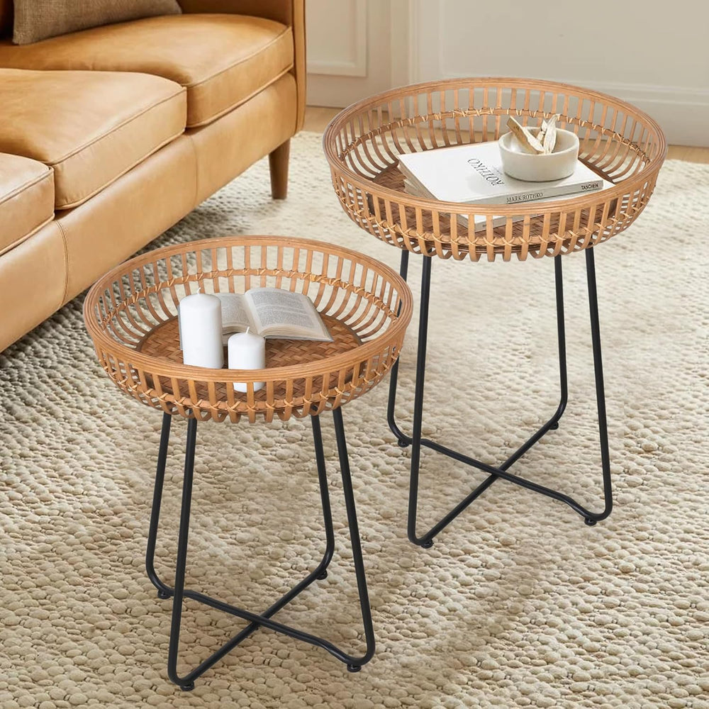 Oakrain Rattan End Table, Nesting Tables, Set of 2, Bamboo, Round, Metal Base...