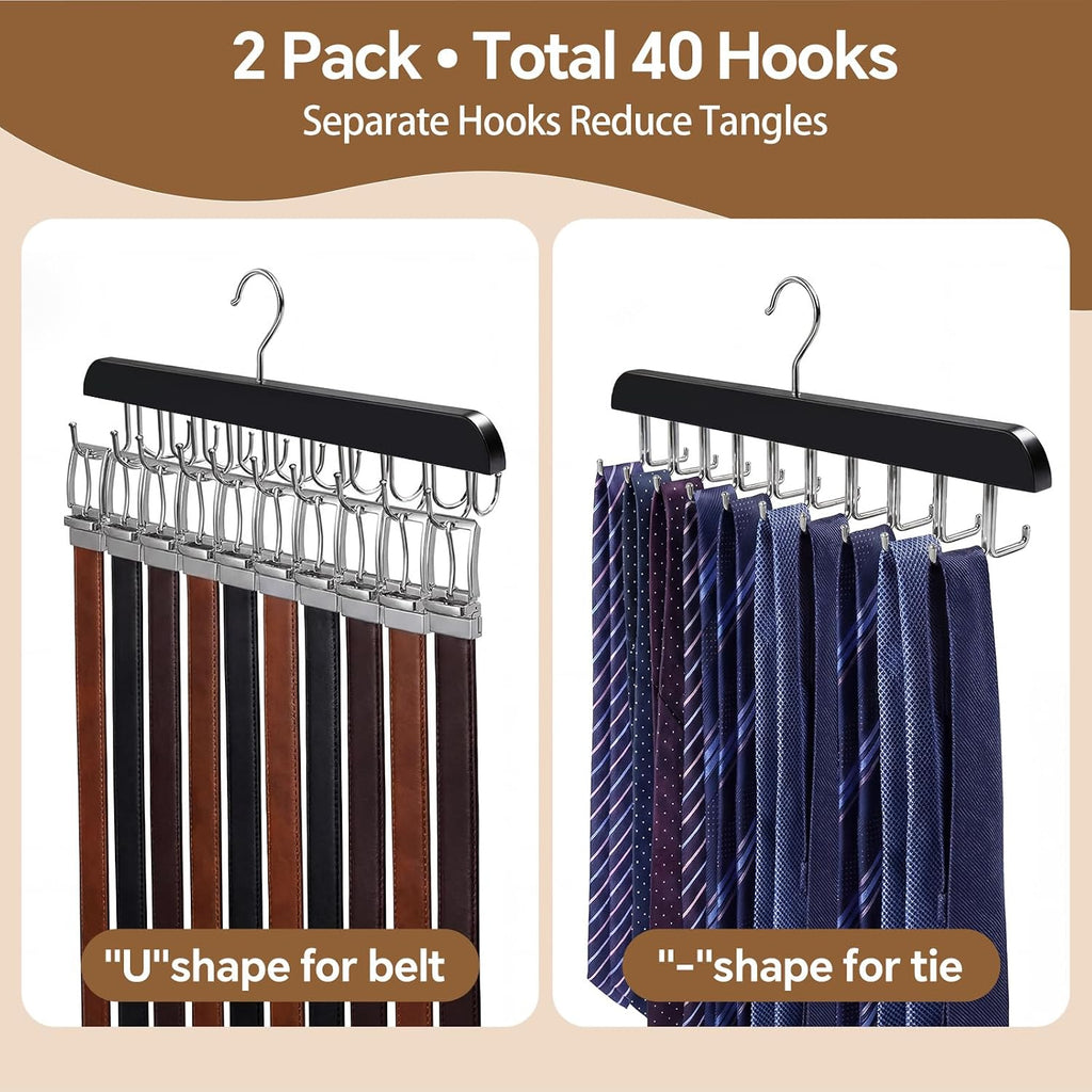 2 Pack Tie Rack and Belt Hanger 40 Hooks 360 Swivel Foldable Wooden Closet Rod Organizer Space Saving for Ties Belts Hats Bras Tank Tops Black