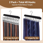 2 Pack Tie Rack and Belt Hanger 40 Hooks 360 Swivel Foldable Wooden Closet Rod Organizer Space Saving for Ties Belts Hats Bras Tank Tops Black