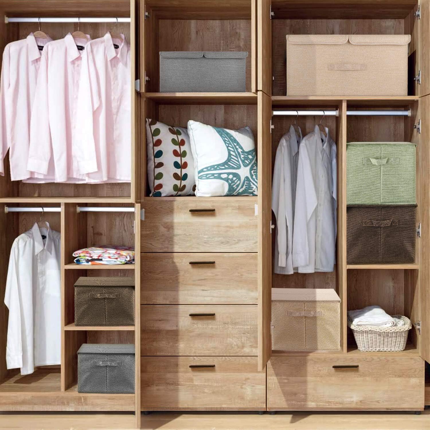 2 Pack Storage Boxes with Lids and Handles, Collapsible Linen Storage Bins Organizer Containers Baskets Cube with Removable Divider for Home Bedroom Closet Office (Khaki, Small)