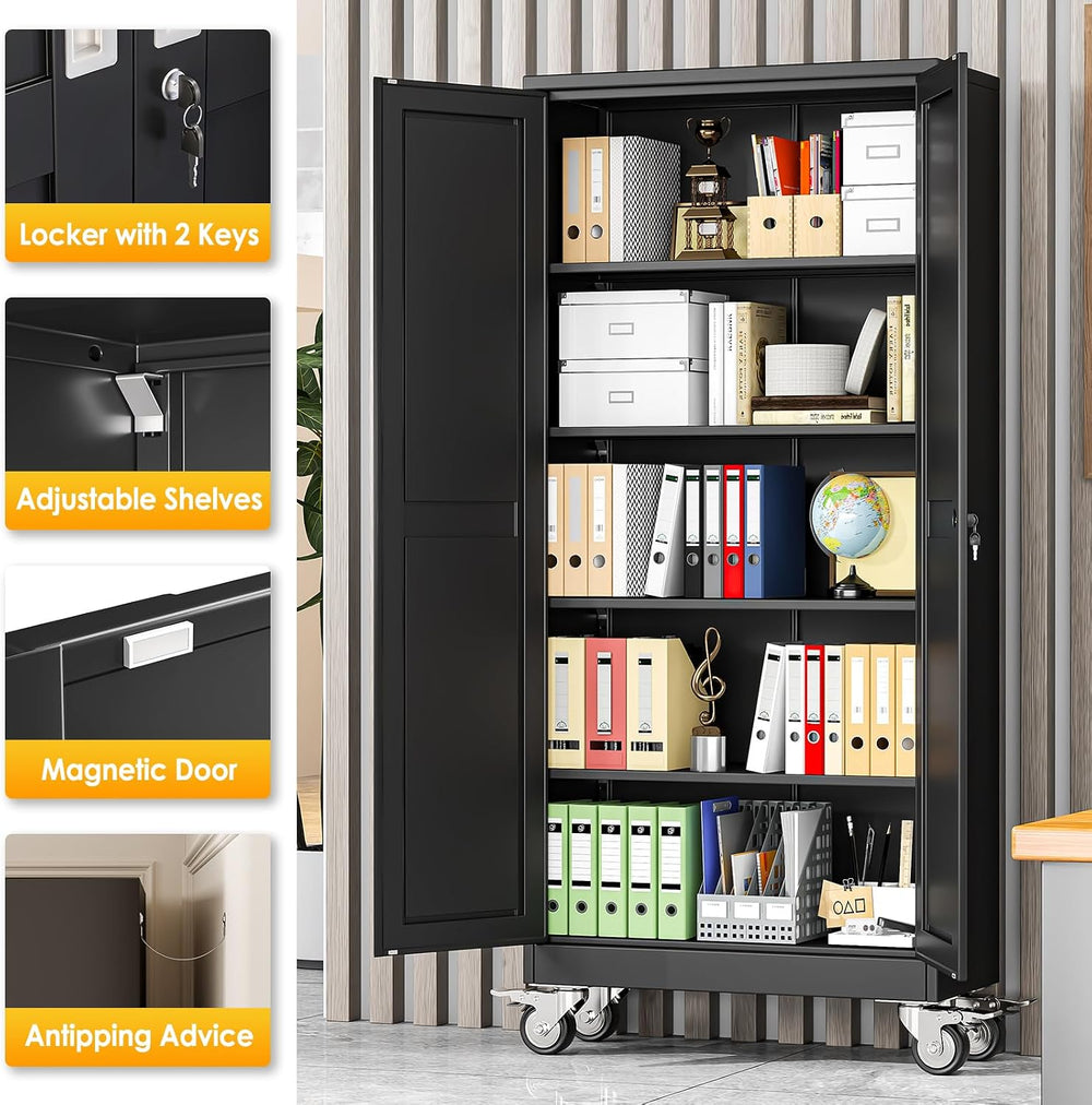 PAOFIN 71''H Tall Metal Garage Storage Cabinet with Wheels,Steel File...