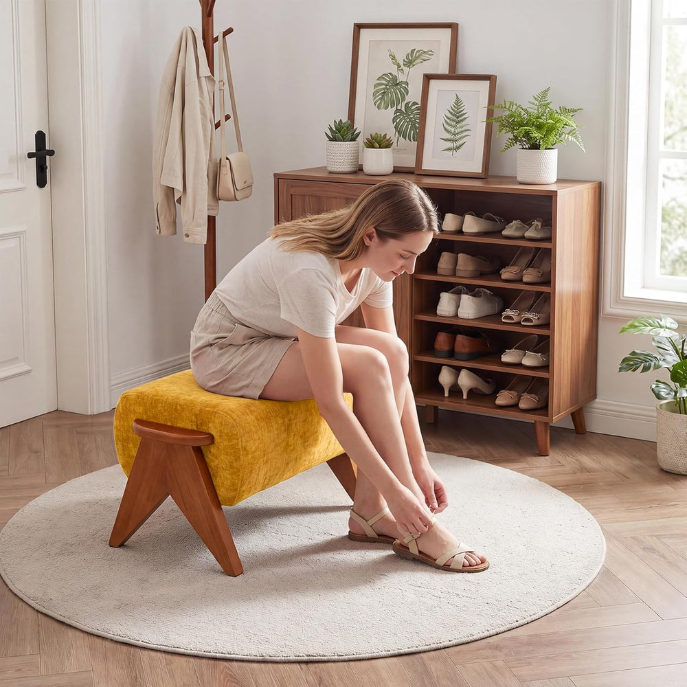 Linen Padded footstools Mid Century Modern Ottoman with Wood Frame, Lounge Up...