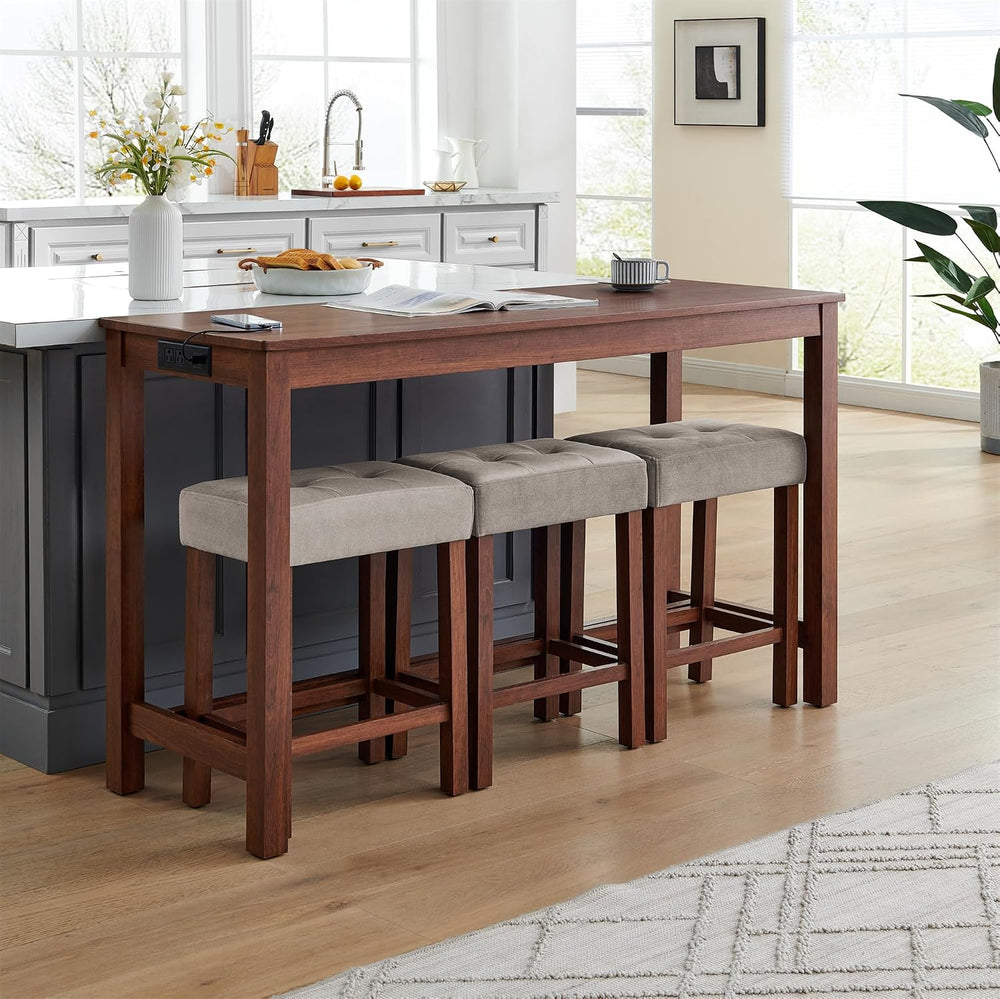 Knocbel Industrial 3-Person Counter Height Bar Table Set with Power Outlet, 4...