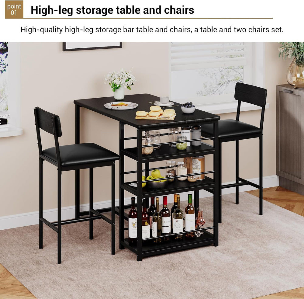 3-Piece Small Bar Table and Chairs Set for 2,Small Dining Table with 2 PU Cus...