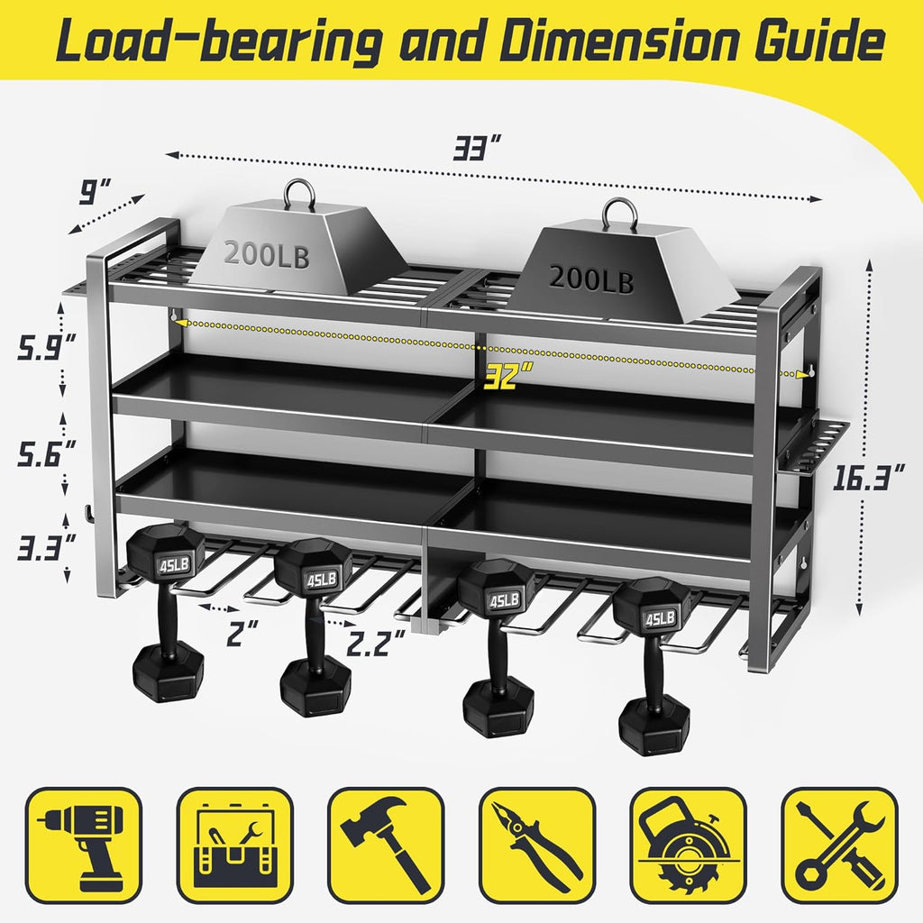 Power Tool Organizer Wall Mount,4 Layers Heavy Duty Storage Rack with 8 Drill Holder, Easy Installation, Tool Organizer Wall Mount for Garage Workshop and Home Organization.