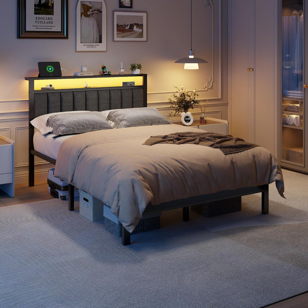 Furnulem Full Size Bed Frame with Charging Station and LED Lights