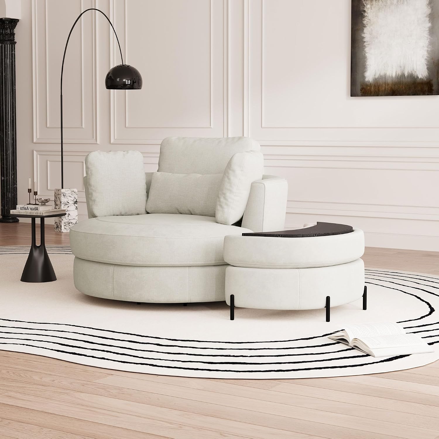 Aoiy & Wifon 50'' W Oversized Swivel Barrel Chair with Storage Ottoman, Beige Round Accent Chair with Half Moon Ottoman for Living Room, Deep Seat & Extra Wide, Chenille