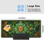 Green Vintage Floral Mouse Pad – Large Extended Desk Mat 35.43 x 15.75 in – Ornate Oriental Carpet Design with Gold & Emerald Motif, Waterproof Surface,Keyboard & Mouse Pad for Office & Home