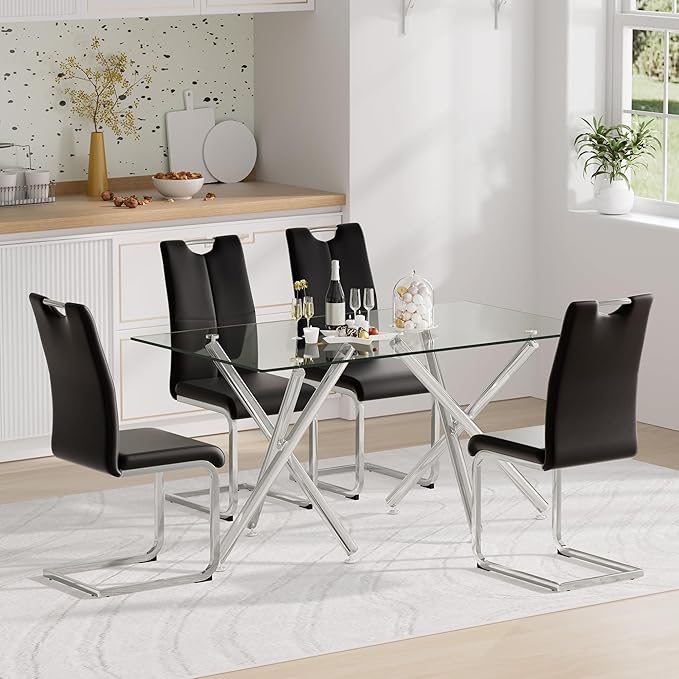 Goujxcy Dining Chairs Set of 4, Modern High Back Kitchen Chairs with Metal Legs and Faux Leather Padded Seat Upholstered Dining Chairs for Dining & Kitchen,Living Room (Black&Silver, Set of 4)