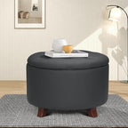 Athena Collection 24.5 Inch Small Ottoman with Storage, Round PU Leather Storage Ottoman Foot Rest with Removable Lid, Multipurpose Footstool Footrest for Livingroom, Bedroom, Dorm, Black