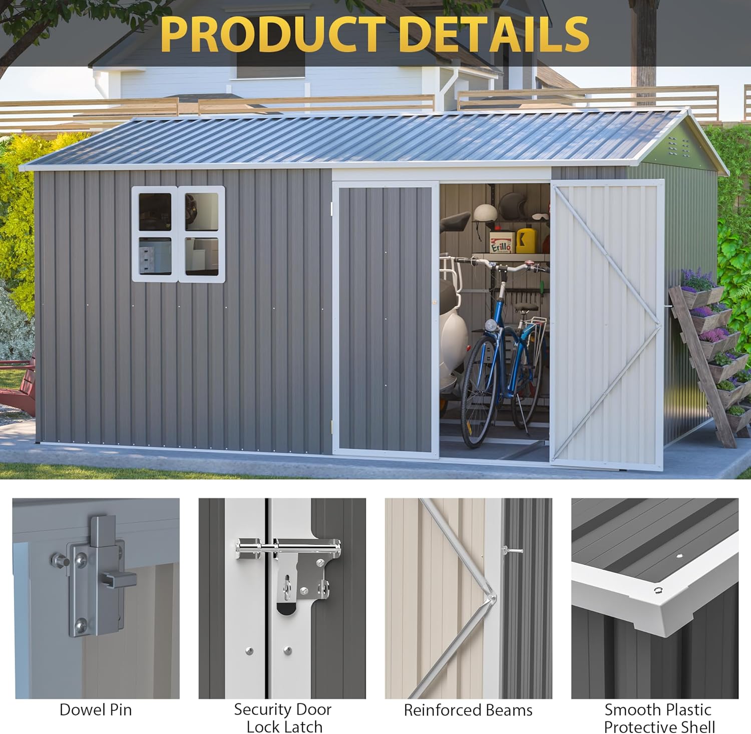 12x10 FT Outdoor Storage Shed with Floor Frame & Window, Heavy Duty Metal Garden Tool Shed with Double Lockable Doors, Waterproof Backyard Utility Shed for Bikes, Lawn Mowers, Tools, Equipment