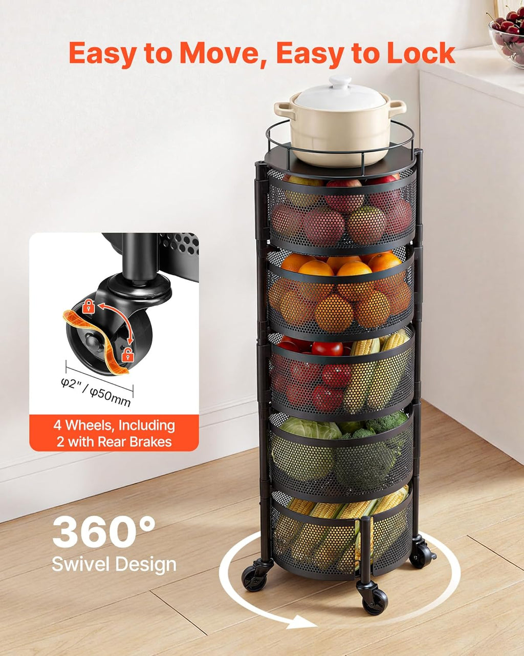 VEVOR Rotating Storage Rack Cart, 5 Tier Fruit and Vegetable Basket Bowls, Heavy Duty Wire Basket Organizer on Wheels, Large Capacity Stand with Metal Top Lid, for Kitchen Bathroom Nursery, Black