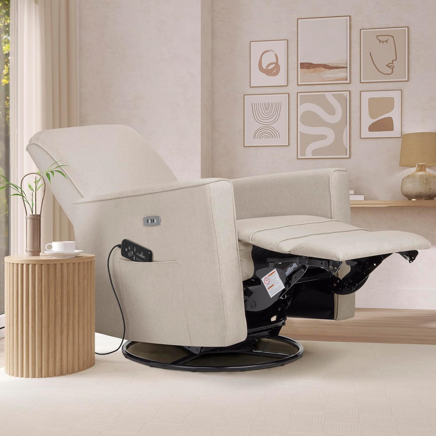 Evolur Harlow Deluxe Upholstered Plush Seating Glide Rocker, Swivel, Power Recliner USB Port with in-Built Massager, Greenguard Gold Certified, Glider Chair for Nursery in Light Sand