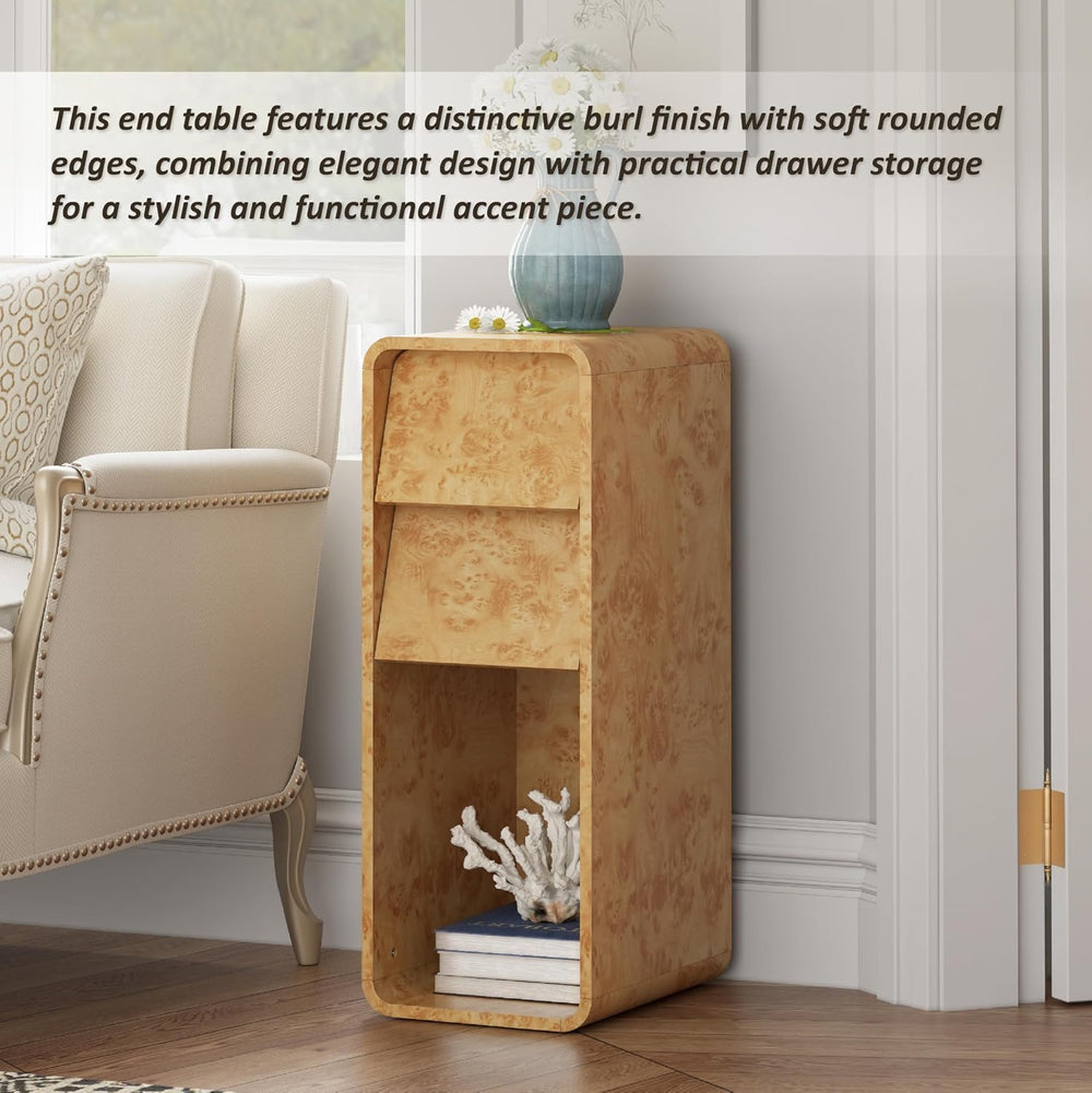 Aoikax Modern Burl Finish End Table with 2 Drawers and Open Storage, Curved W...