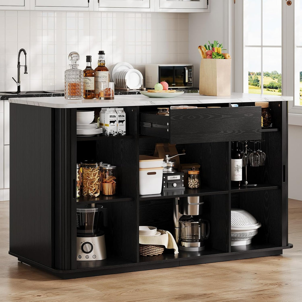 ONBRILL 60" Stationary Kitchen Island with Storage, Fluted Island Table w/Faux Marble Worktop, Sliding Door, Adjustable Shelves, Open Shelves, Mid Century Modern Coffee Bar Station with Drawer, Black