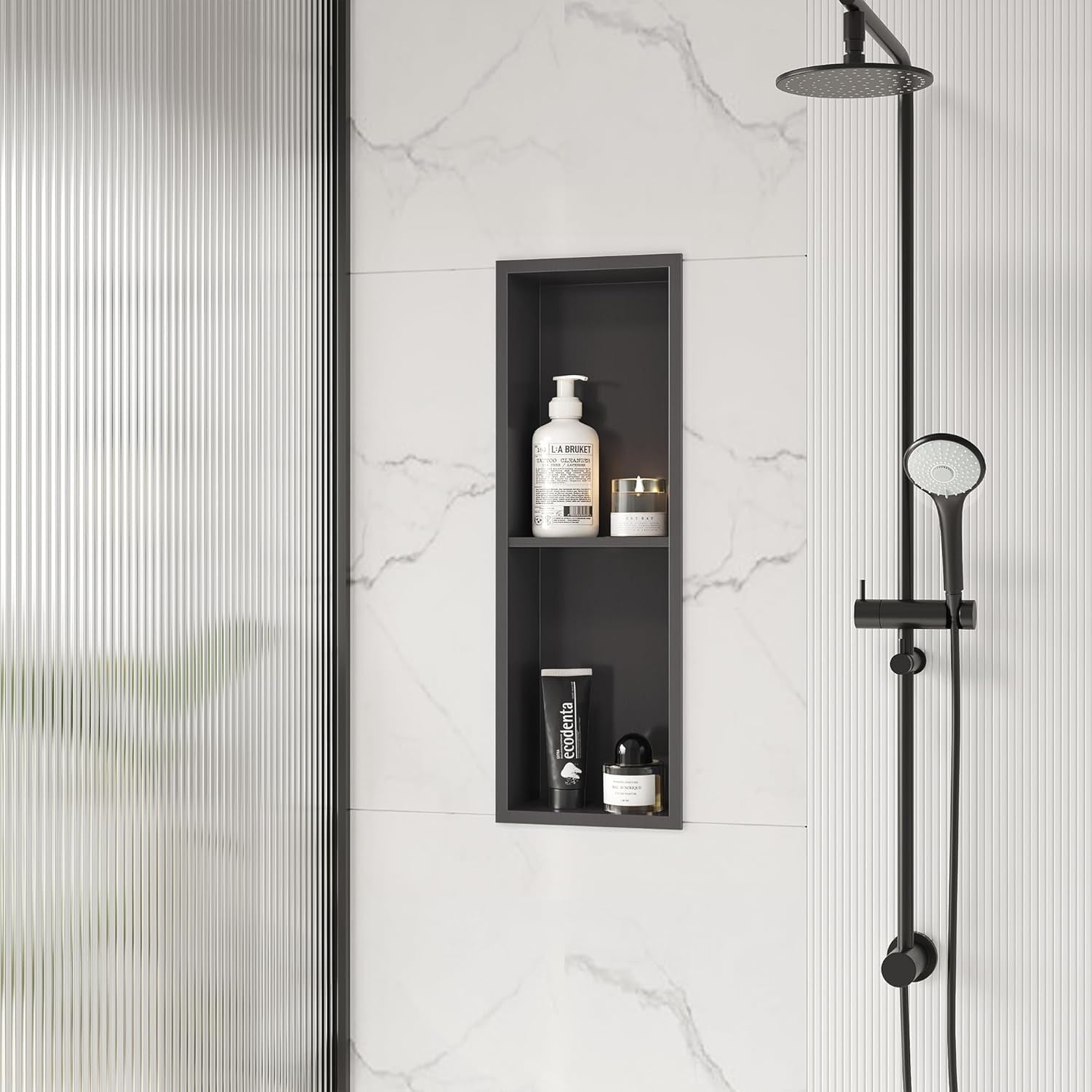 Stainless Steel Shower Niche 24" X 8", No Tile Needed Wall Niche Double Shelves, Recessed Shower Shelf for Bathroom Storage, Gun Metal