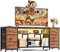 Furologee 63 Inch LED TV Stand, Entertainment Center, Rustic Brown | TV Stand for 65, 70 Inch TV, TV Console with Power Outlets & 6 Fabric Drawers, for Living Room, Bedroom