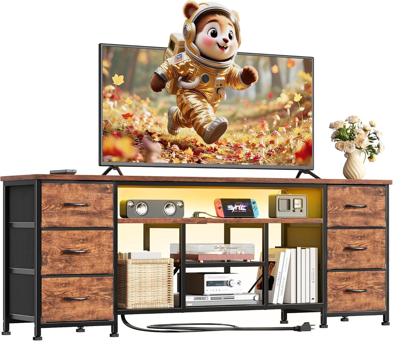 Furologee 63 Inch LED TV Stand, Entertainment Center, Rustic Brown | TV Stand for 65, 70 Inch TV, TV Console with Power Outlets & 6 Fabric Drawers, for Living Room, Bedroom