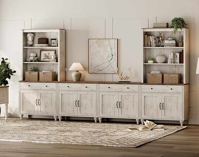 WAMPAT Entertainment Center with Bookshelves for TVs up to 75", Farmhouse Wall Unit TV Stand with 8 Doors & 4 Drawer, Media Console Table for Living Room, Bedroom & Home Theater, Rustic White