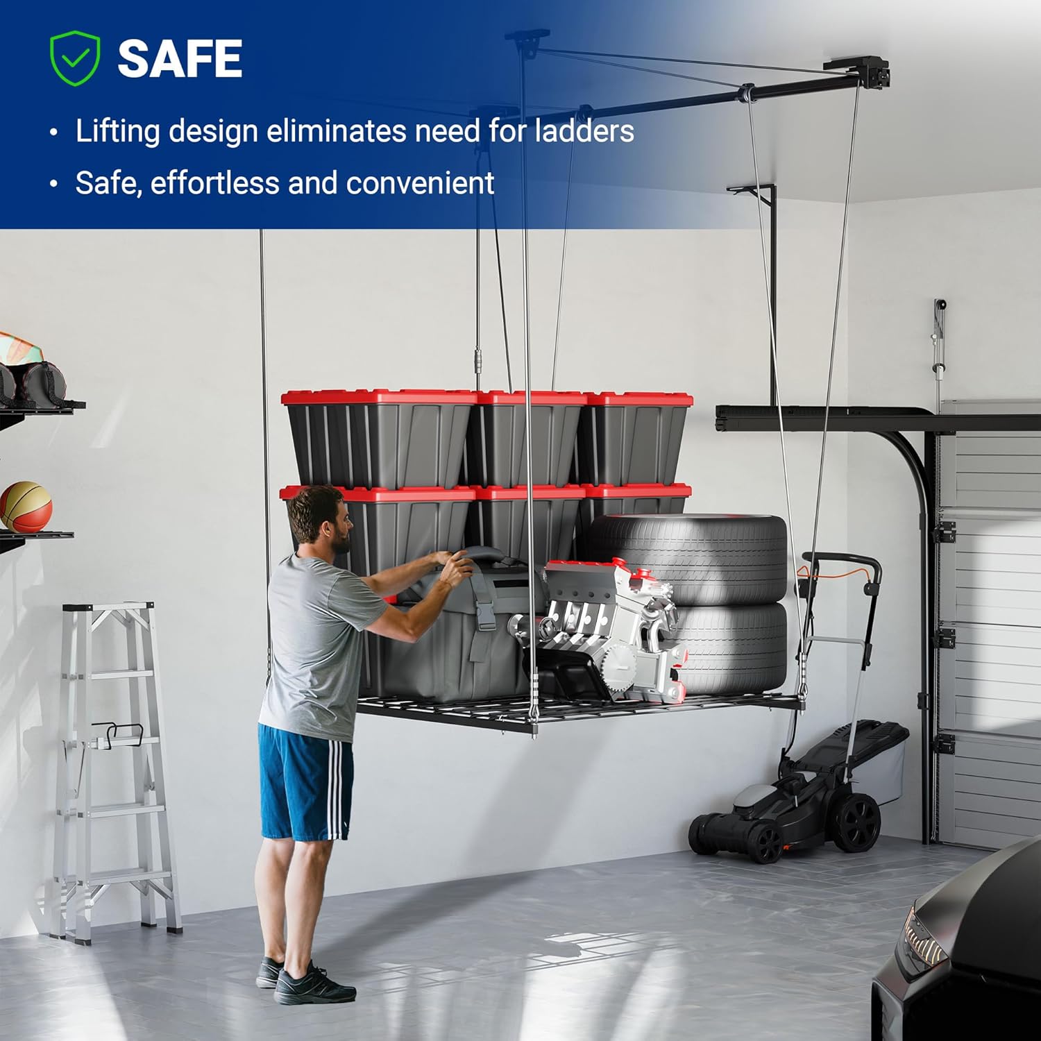FLEXIMOUNTS Garage Lifting Metal Rack, 4x4 Ft Overhead Garage Storage Racks, Adjustable Heavy-Duty Ceiling Organization System, 350lbs Weight, Satin Black