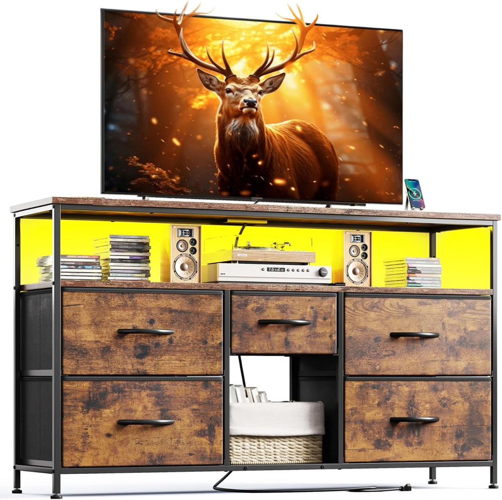 EnHomee TV Stand for Bedroom with LED & Outlets, 5-Drawer Storage, Brown ...