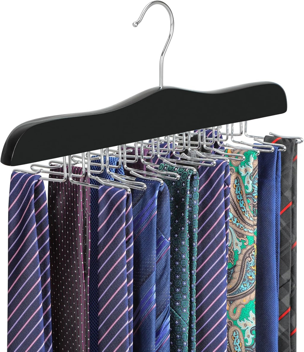 TOPIA HANGER Tie Rack Hanger for Closet, Wooden Tie Organizer for Men with 24 Folding Hooks, Space Saving Necktie Holder for Storage and Display Bra, Tank Top, Camisole (1-Pack), Black- CT14B