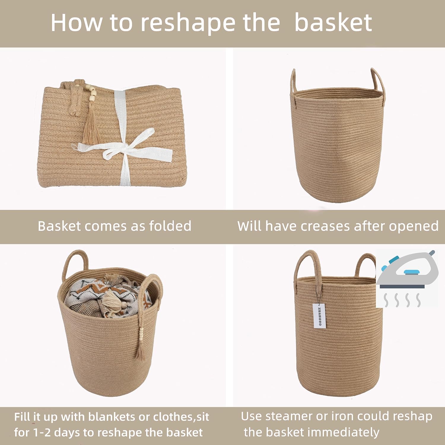 XUANGUO Rope Laundry Basket Laundry Hamper for Clothes Jute | Baby Nursery Hamper Bin and Woven Storage Basket for Living Room Bedroom Boho Tall Rope Baskets Blankets Toys Pillows Towels