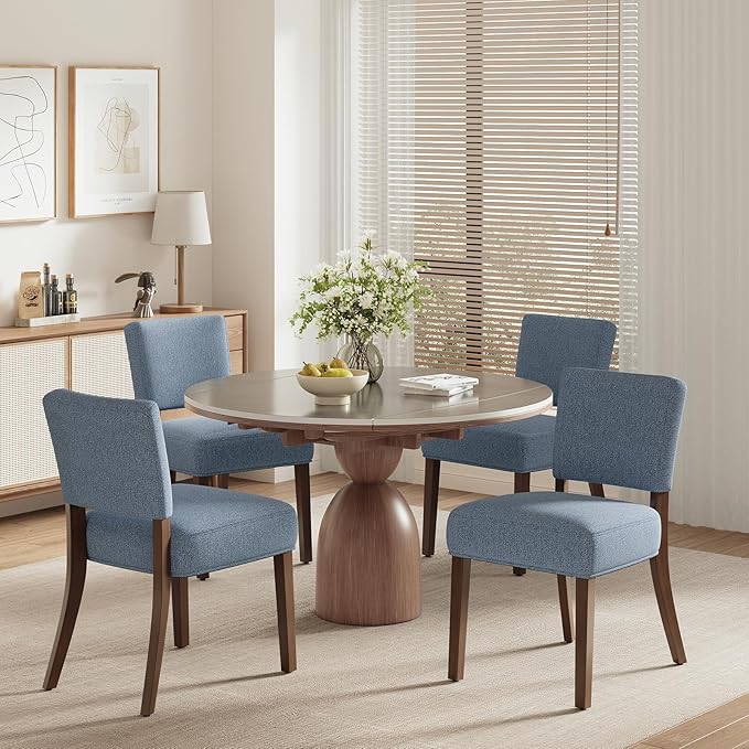COLAMY Mid Century Modern Dining Chairs Set of 4, Upholstered Kitchen Chairs with Back, Farmhouse Fabric Side Dining Room Chairs with Wood Legs for Dining Room Kitchen Restaurant, Blue