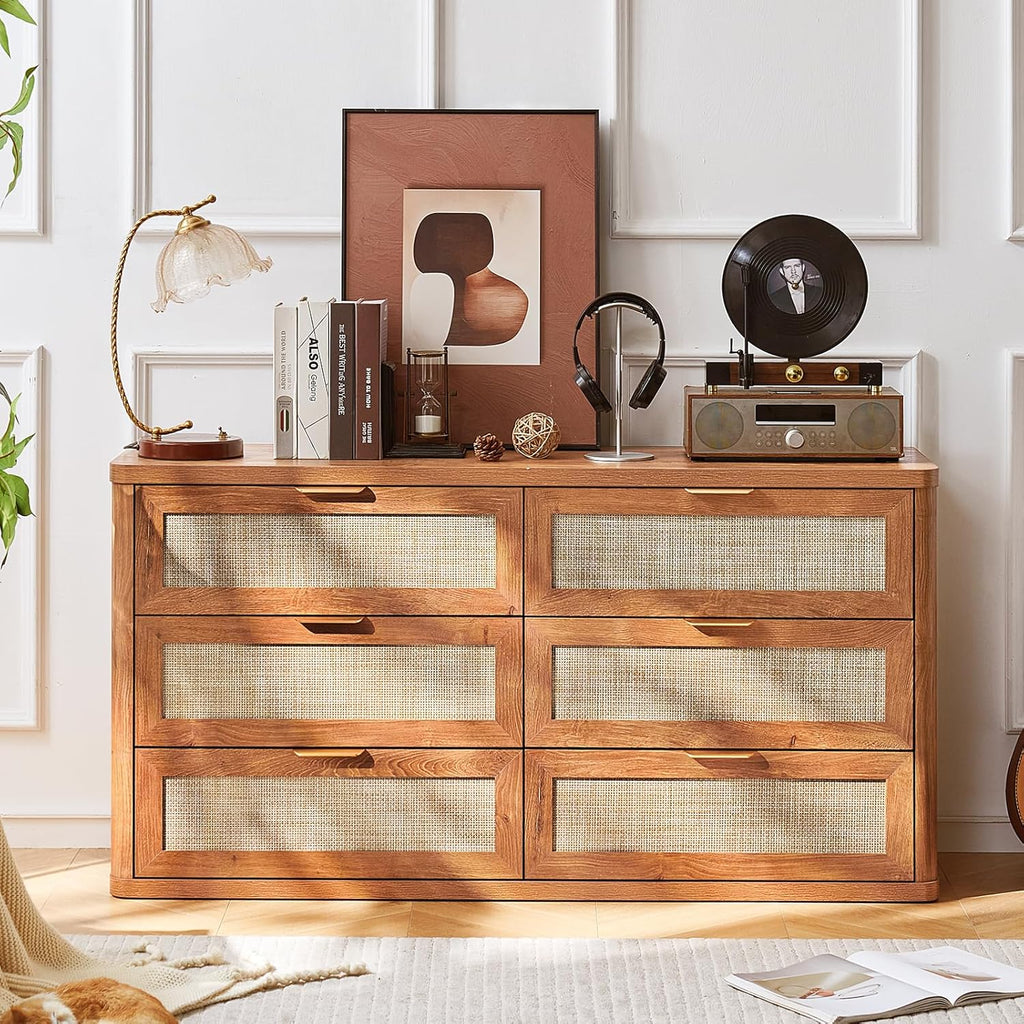 LEYAOYAO Rattan 6 Drawer Dresser for Bedroom Set of 2, 54" Wide Boho Chest of Drawers, Wooden Dressers TV Stand with Metal Handle, Storage Closet Organizer for Living Room, Hallway, Tea Brown