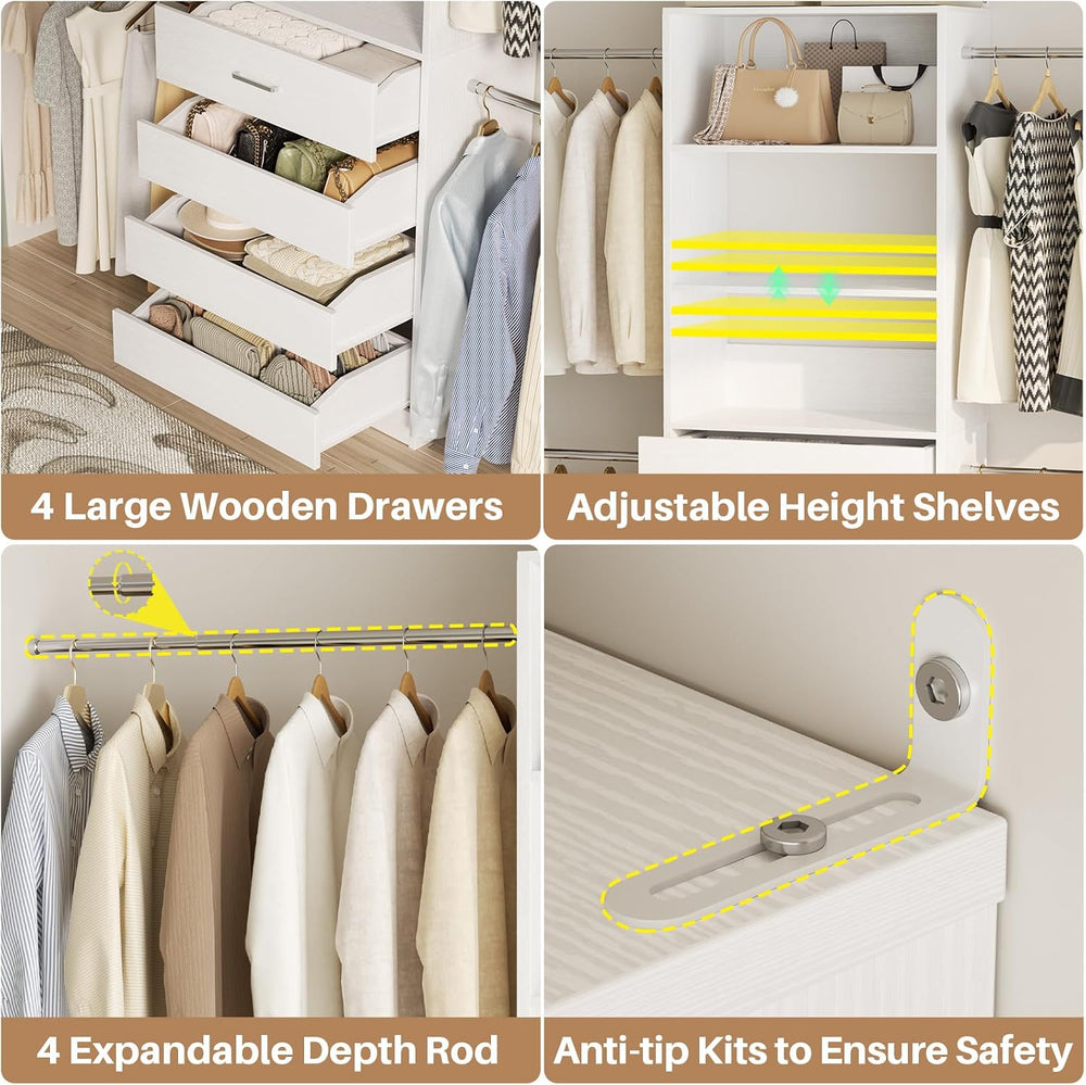 Aheaplus Closet System, 4-9Ft Closet Organizer with 4 Wooden Drawers, White
