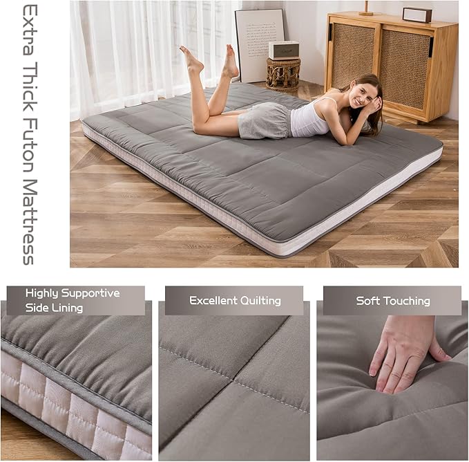MAXYOYO Futon Mattress, Padded Japanese Floor Mattress Quilted Bed Mattress Topper, Extra Thick Folding Sleeping Pad Breathable Floor Lounger Guest Bed for Camping Couch, Dark Grey, Full