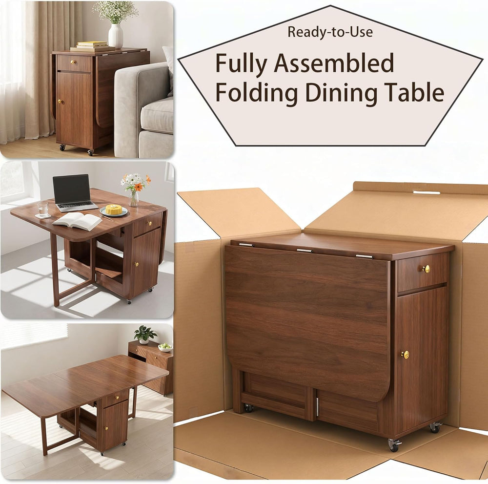 Extendable Drop Leaf Folding Dining Table with 2 Hidden Storage Drawers and 4...