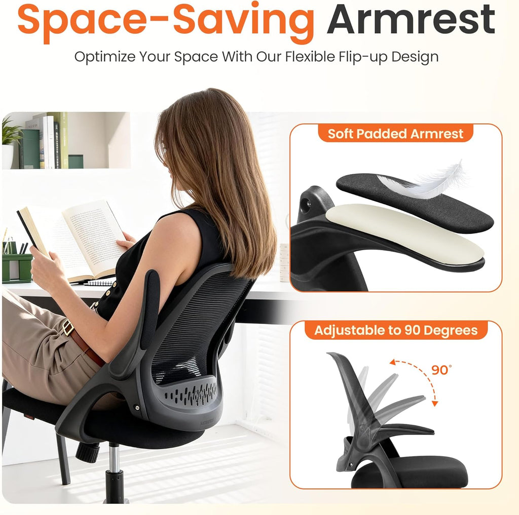 NEO Chair Office Chair Gaming Desk Computer Mesh Ergonomic Chair with Flip-up Arms Comfy Lumbar Support Adjustable Height Rolling Wheels Chair for Home Office (Black)