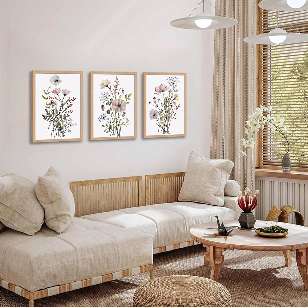 3Pcs Framed Botanical Wall Art Set of Watercolor Floral Canvas Prints Wildflo...