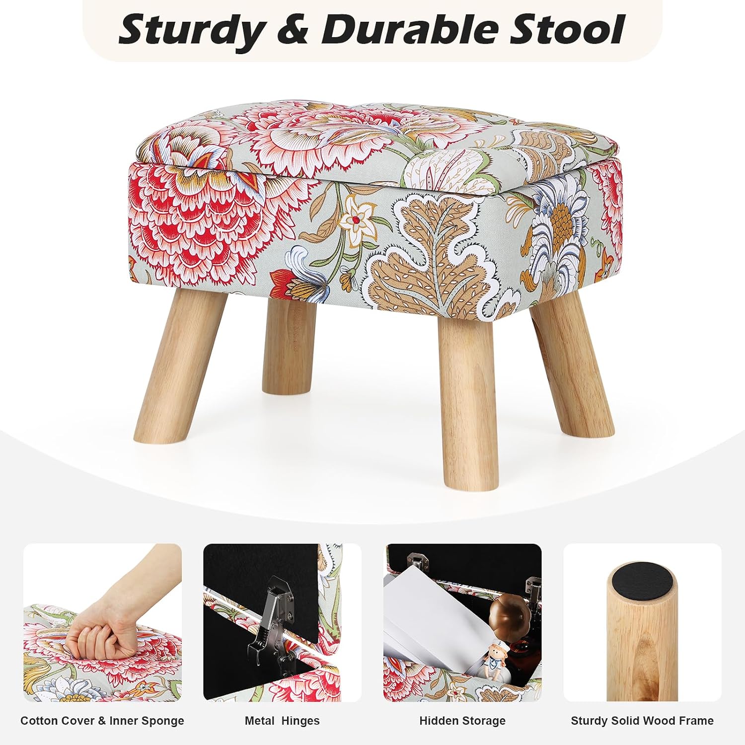 ETELI Small Foot Stool Ottoman with Storage Versatile Square Storage Ottoman Boho Foot Rest with Sturdy Wood Legs Floral Footstools and Ottomans for Living Room Bedroom and Enterway